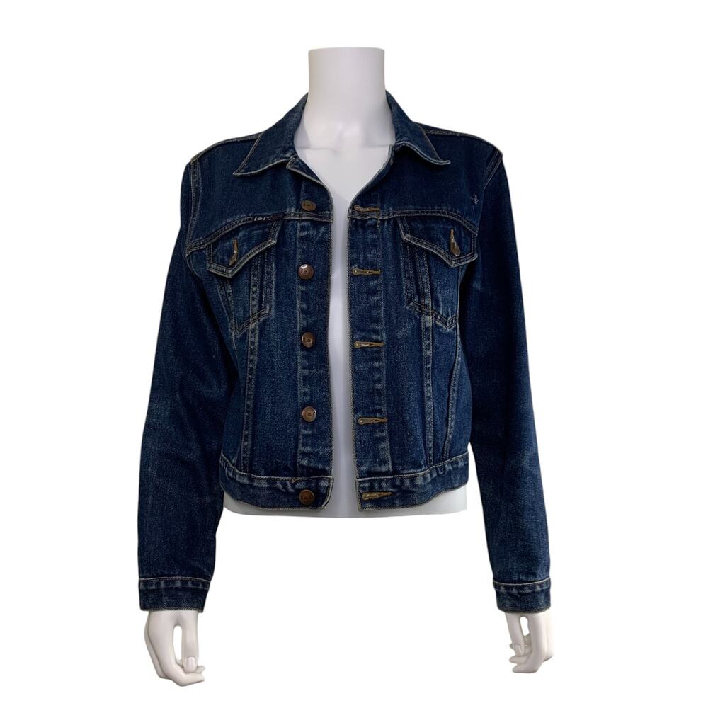 LEI Trucker Jean Jacket Size M Dark Wash Distressed Vintage Blue 100% Cotton Y2K